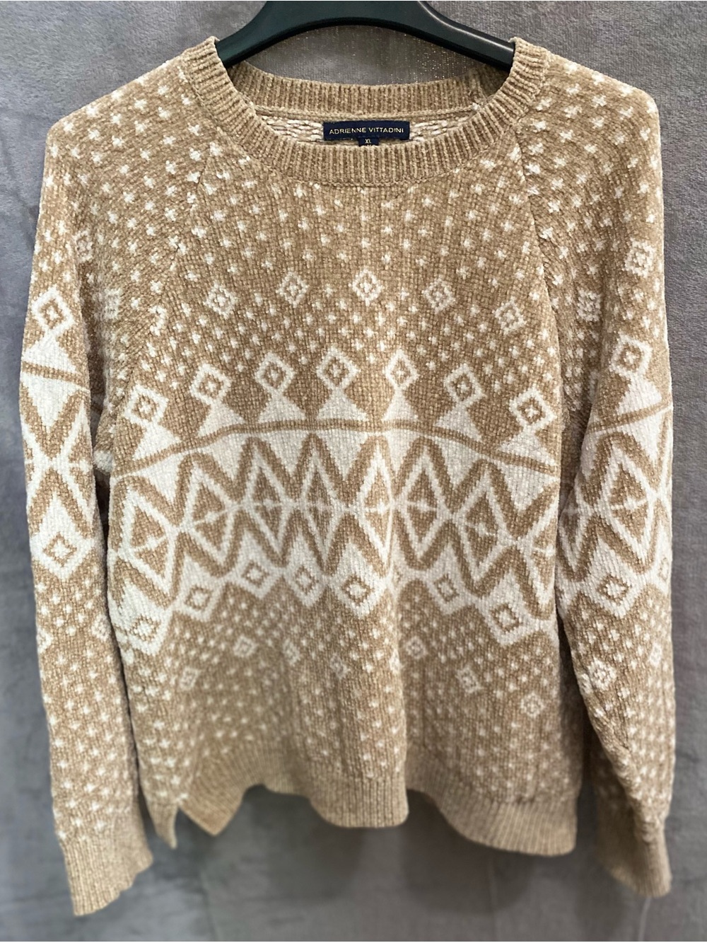 Adrienne Vittadini Fair Isle Geometric Knit Sweater Tan Beige White Size XL